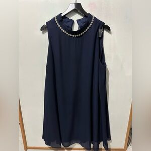 Navy Sleeveless Dress with Crystal Necklace Trim